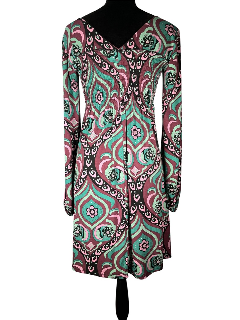 Bisou Bisou Y2K Dress Boho Paisley Smocked Retro Mod Jersey Teal Pink Stretchy - Picture 3 of 7